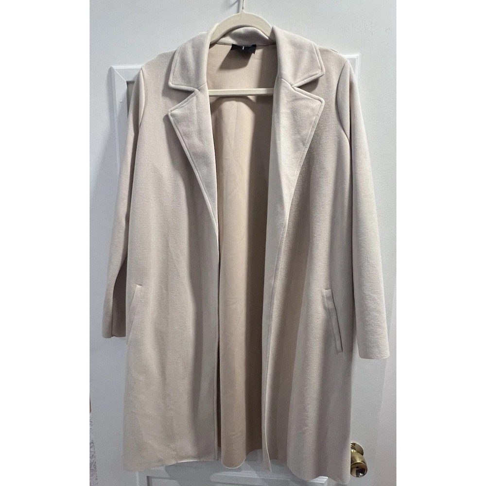 Tahari Women’s Medium Ivory Mid Length Overcoat Open Front Notched Lapel Pockets